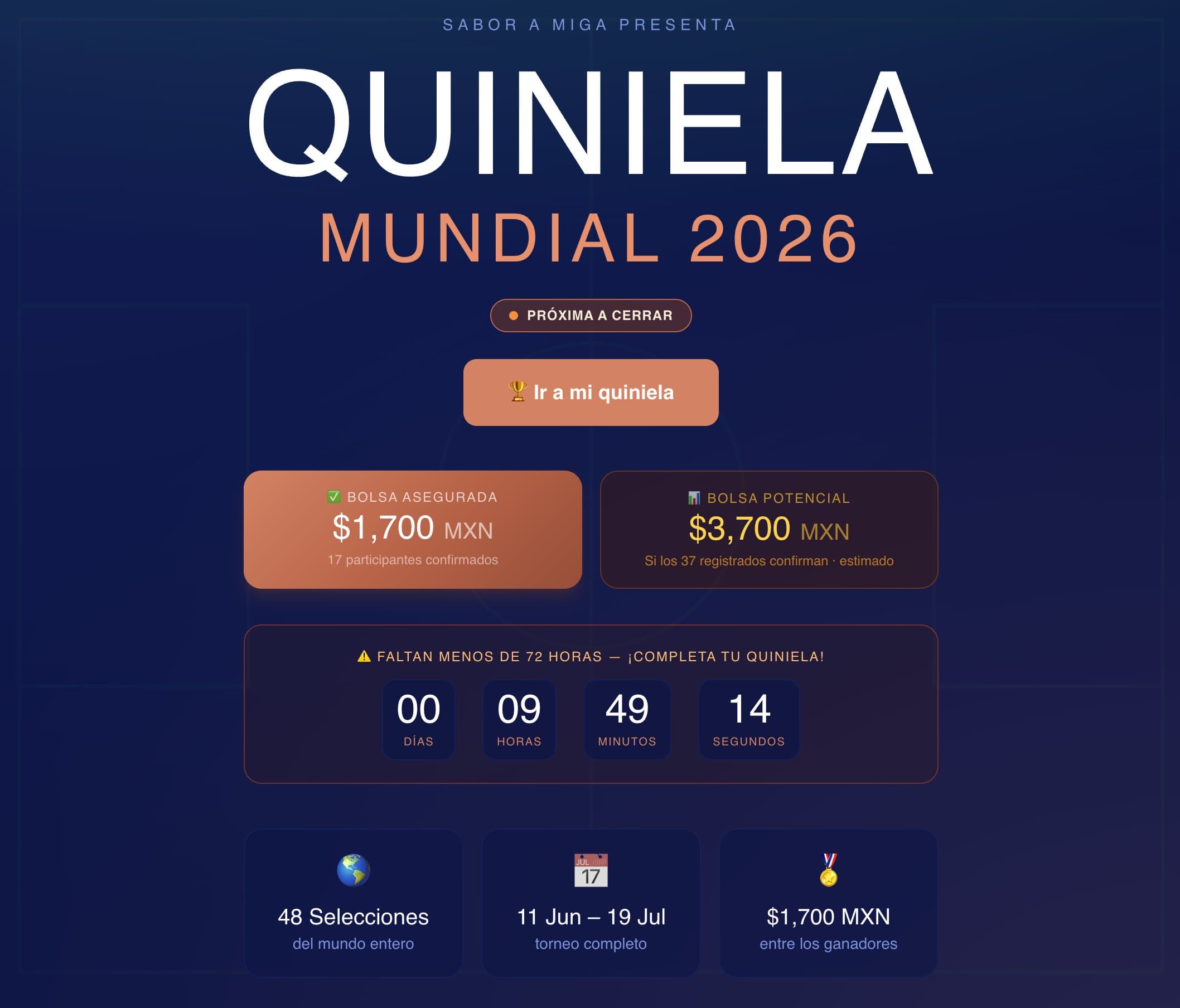 Captura de pantalla del proyecto Quiniela Mundial 2026 — Sabor a Miga